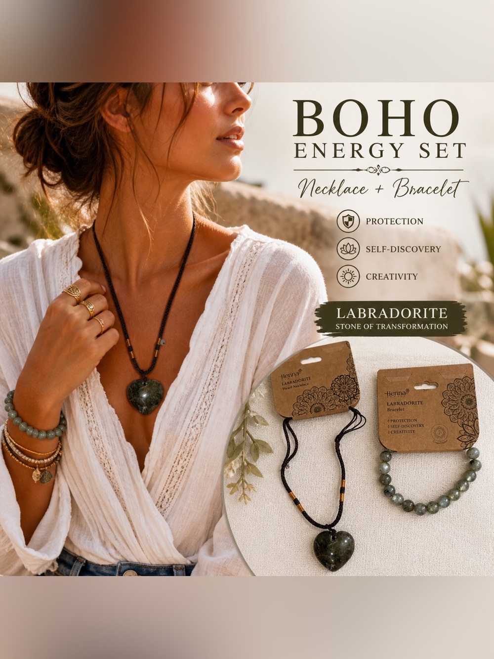 Boho Labradorite Heart Necklace — Dark Green Pendant by Henna
